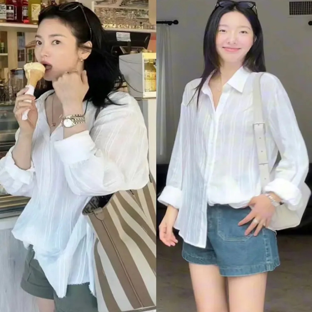 白色衬衫女2025春季新款韩版宽松防晒衫松弛感穿搭显瘦竖条纹上衣