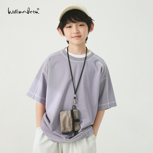 williambeta童装夏新款十字肌理哈苏线简约儿童短袖T恤