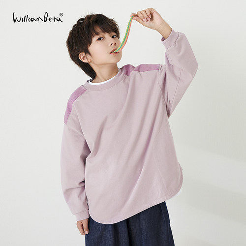 williambeta童装25春新款全棉双纱拼布宽松休闲儿童长袖T恤亲子