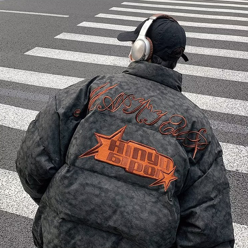 高街嘻哈棉衣男款冬季刺绣美式痞帅复古宽松情侣潮牌面包棉服外套