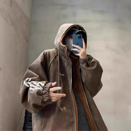 美式三条杠连帽棉服男款冬季皮毛一体羊羔绒外套情侣复古棉袄保暖