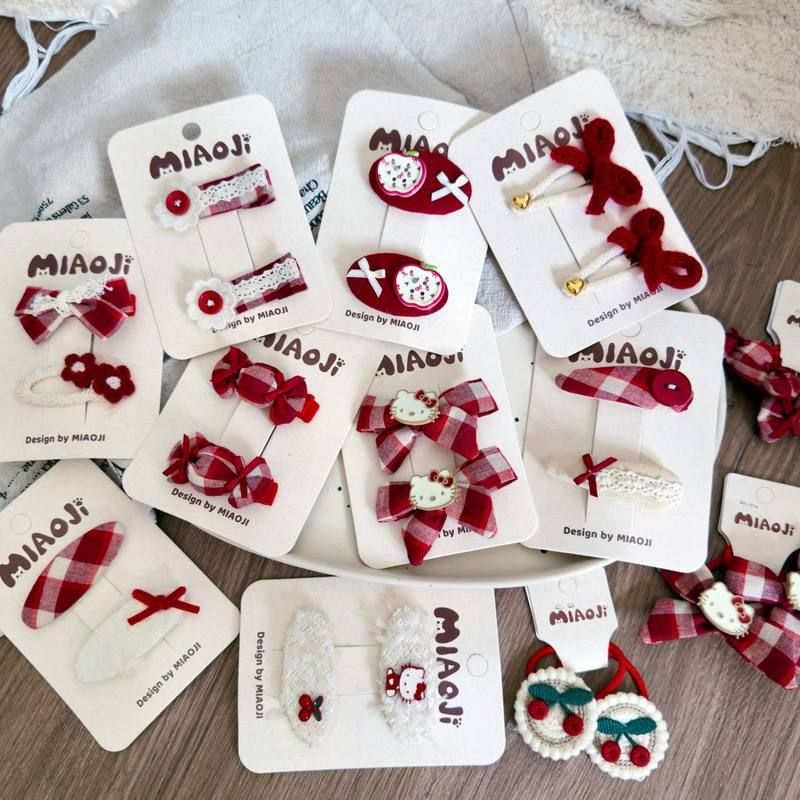 红色格纹糖果蝴蝶结儿童发夹发圈