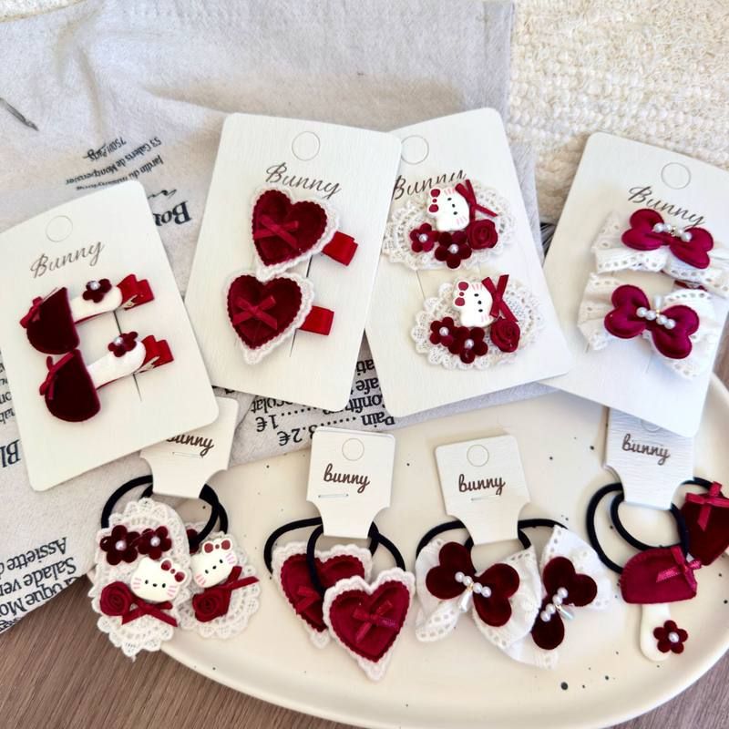 丝绒酒红爱心蝴蝶结儿童发夹发圈