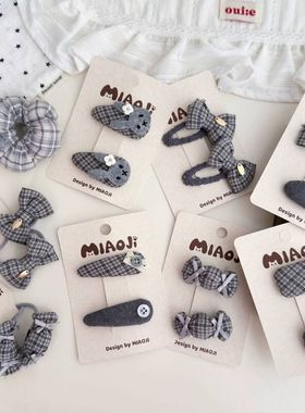 韩版新款布艺灰色格纹糖果蝴蝶结儿童发夹发圈女童发卡边夹皮筋