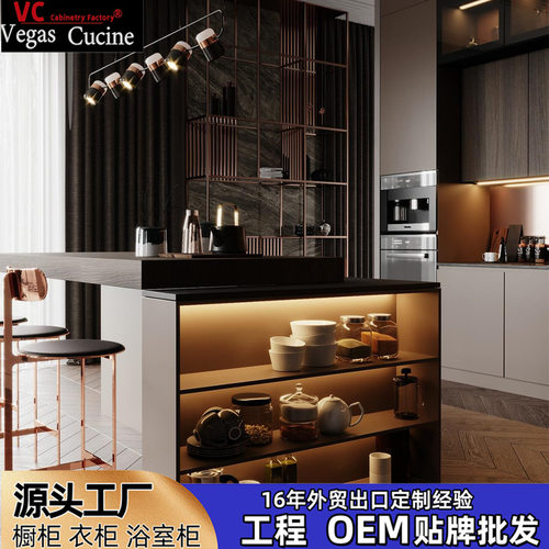 外贸出口橱柜现代风奢华木纹高光烤漆橱柜定 制kitchen cabinet