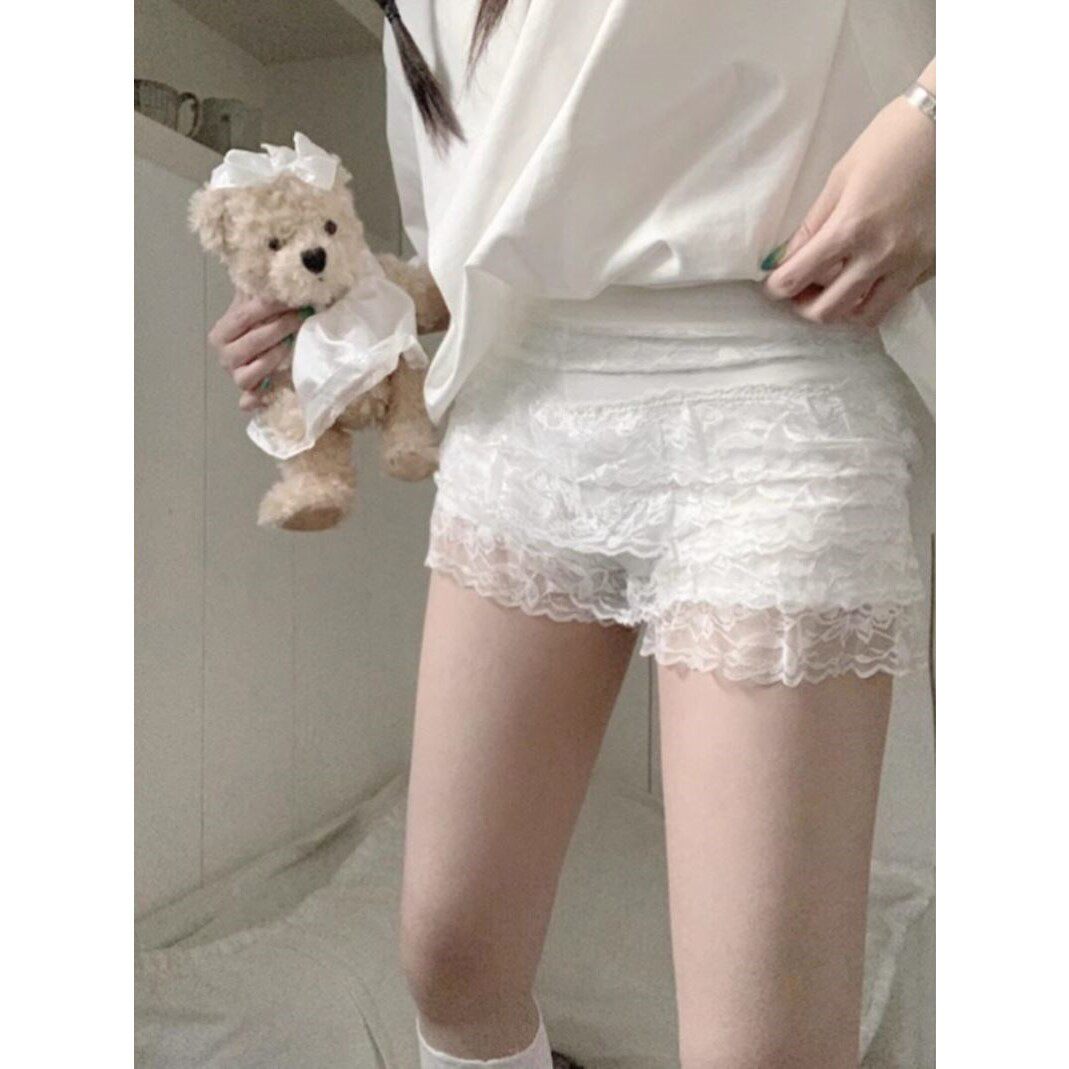 白色蕾丝蛋糕南瓜打底裤女花边防走光jk安全裤可外穿短裤花苞裤子