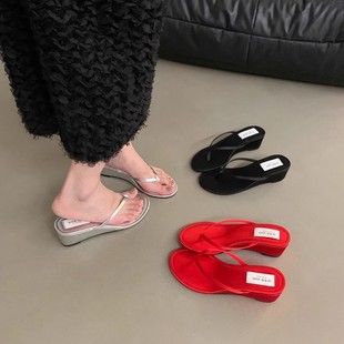 氣質(zhì)涼拖法式 坡跟紅色夾腳人字拖鞋 女外穿2025夏季 新款 子 高跟涼鞋