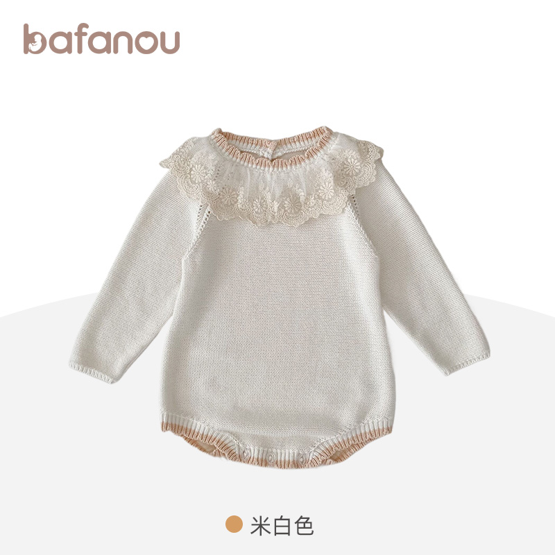 婴儿针织包屁衣纯棉连体衣简约秋装哈衣女宝宝小月龄荷叶领外出服