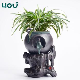 禅意小和尚花盆创意家用绿植懒人自动吸水盆栽吊兰哥窑花盆 新中式