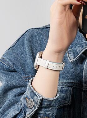 适用iwatch11苹果S11手表牛仔表带S9真皮applewatch9可爱S10夏天SE3高级感S8复古新款S6女款小众10代创意智能