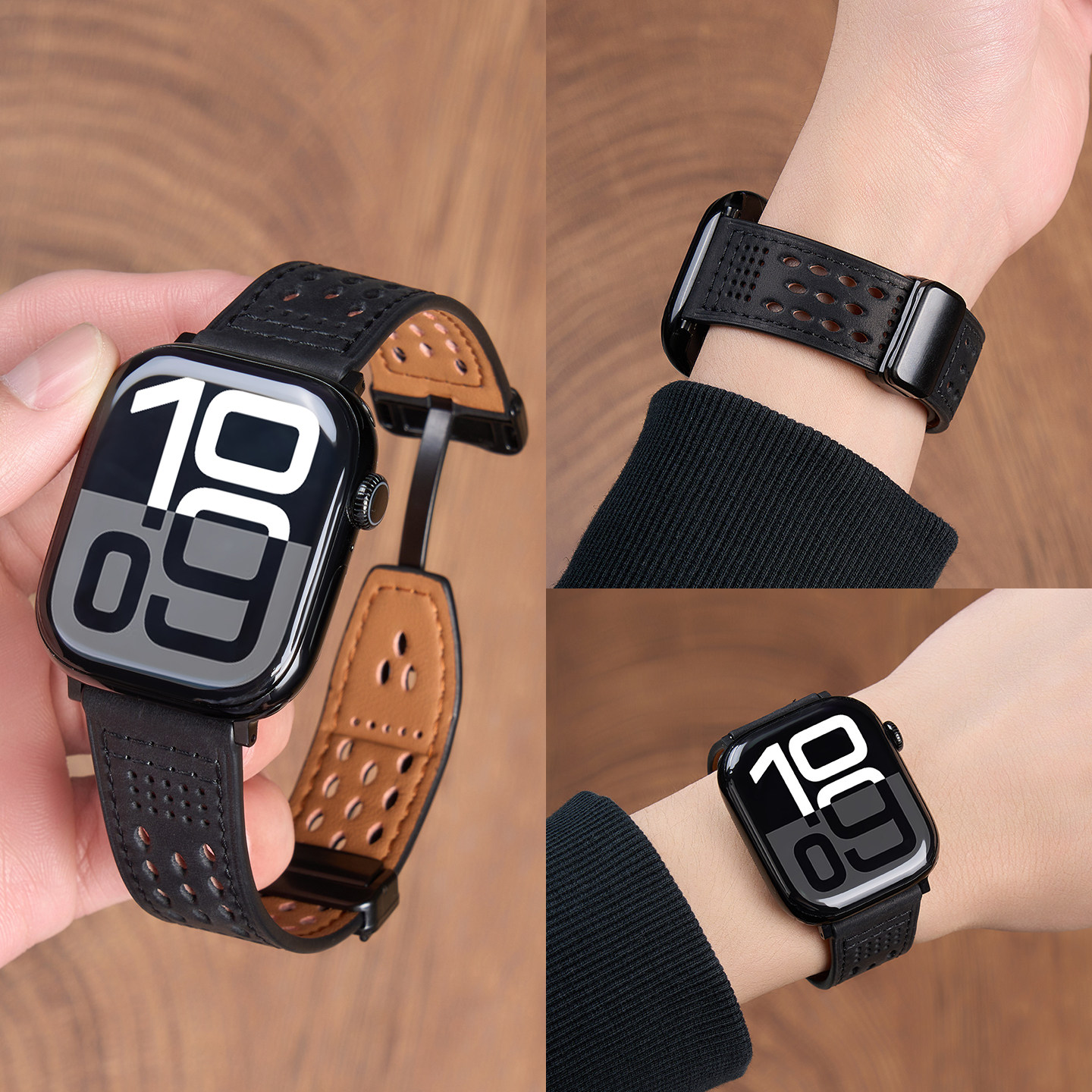 匠戴适用苹果S11手表iWatch10表带AppleWatch9疯马皮Ultra皮质SE磁吸3男款2新款S8透气7皮革6镂空5高级女腕带