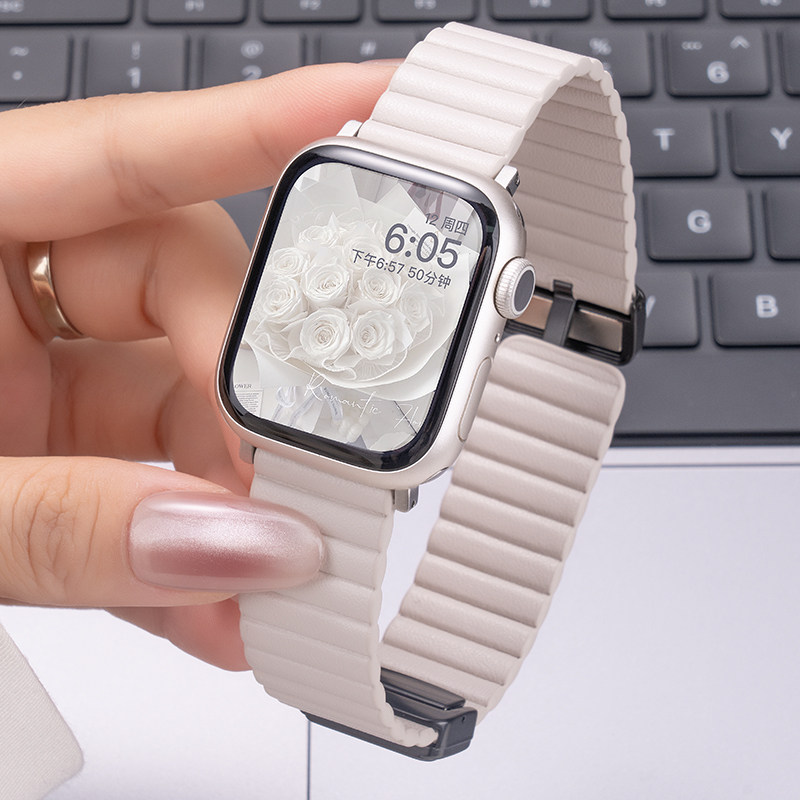 适用iwatch11手表S11表带AppleWatch10苹果S10新款S9水波纹磁吸皮S8夏季7高级感S6个性女生SE3小众10代创意