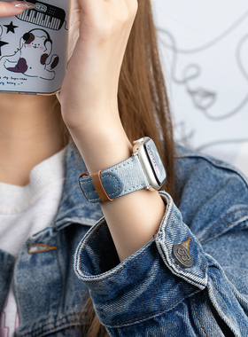 匠戴适用iwatch11手表带applewatch9表带苹果S10高级S9扎染牛仔帆布真皮S8夏季时尚8新款10女7小众智能ultra2