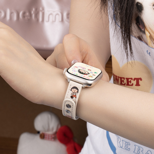 匠戴适用iwatch11表带苹果S11手表applewatch10双钉扣印花S10新款 S9夏细腕带男智能11运动真皮 卡通SE3女时尚