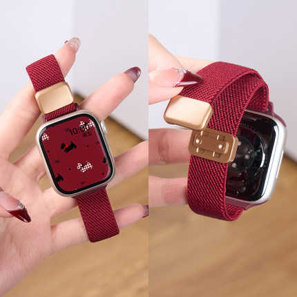 【显手细】匠戴适用苹果S11手表iwatch11表带applewatch10细款尼龙磁吸s9秋冬女新款编织酒红新年se3运动圣诞