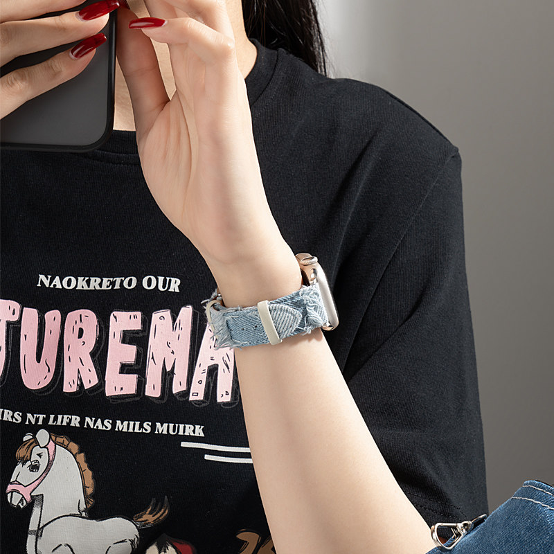 适用iwatch8苹果S9手表applewatch9表带8牛仔帆布S7可爱7夏天S6高级感6新款SE女款S5小众5代创意智能iphone潮