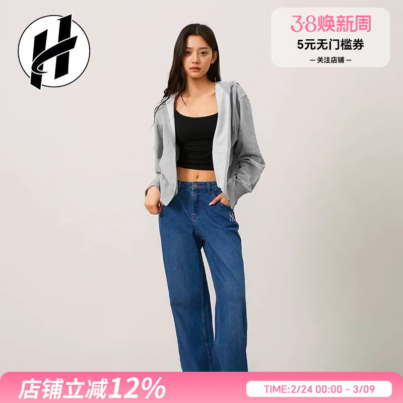 MLB 纯色拉链 字母刺绣小logo 休闲百搭 长袖开衫卫衣 男女同款