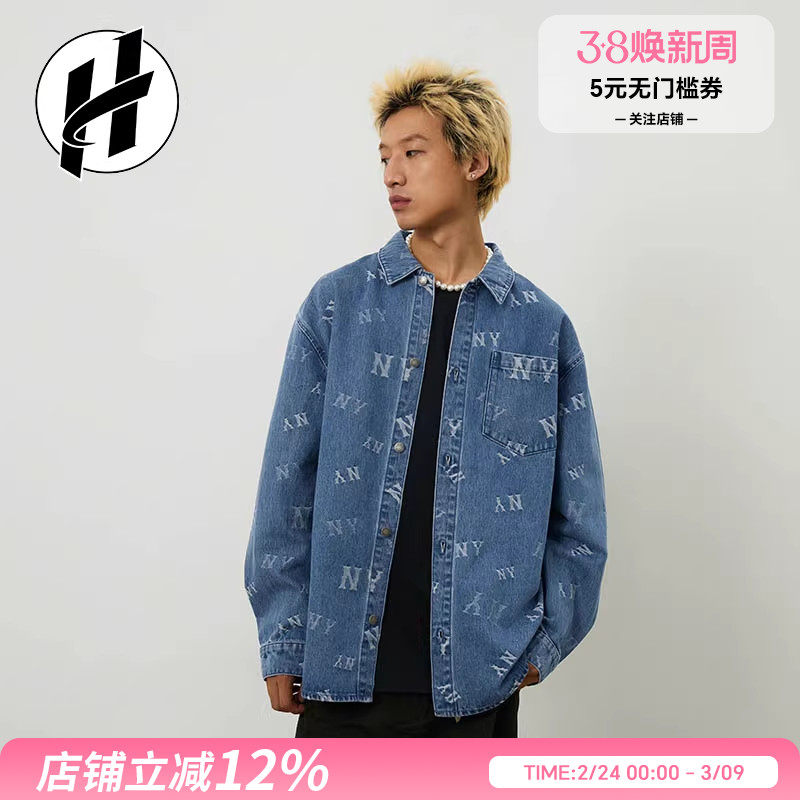 MLB男女情侣满印老花复古时尚牛仔衬衫外套休闲百搭长袖衬衫