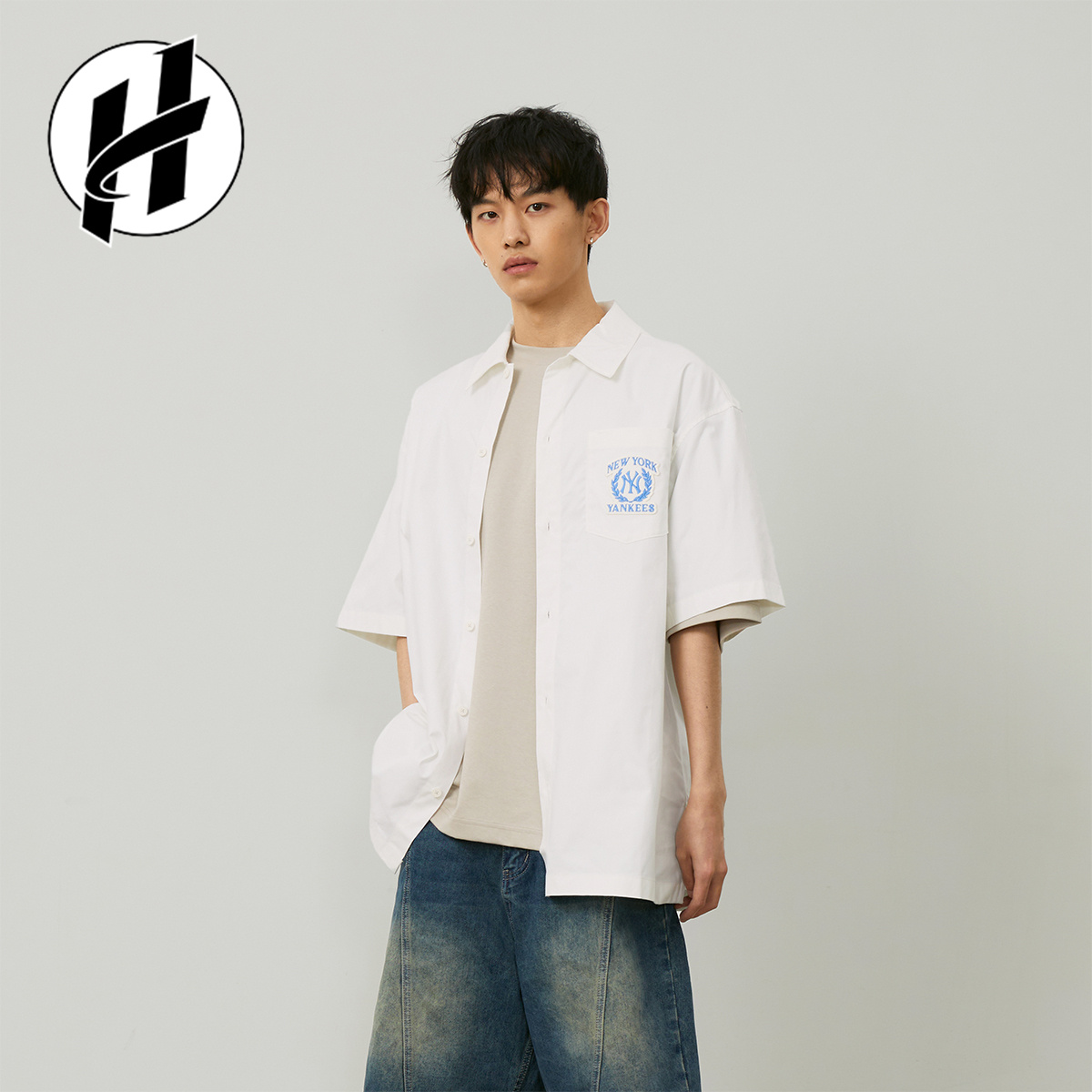 MLB纽约洋基队学院风衬衫休闲翻领纯色LOGO刺绣字母短袖衬衫男女