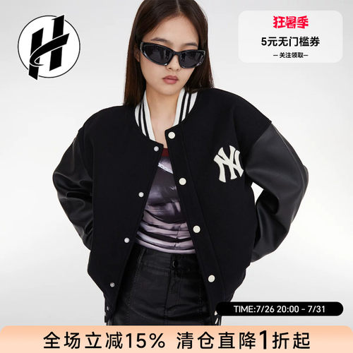 MLB纽约洋基队拼色字母印花单排扣棒球服男女外套