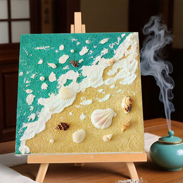 沙滩海浪贝壳肌理diy丙烯肌理画图片