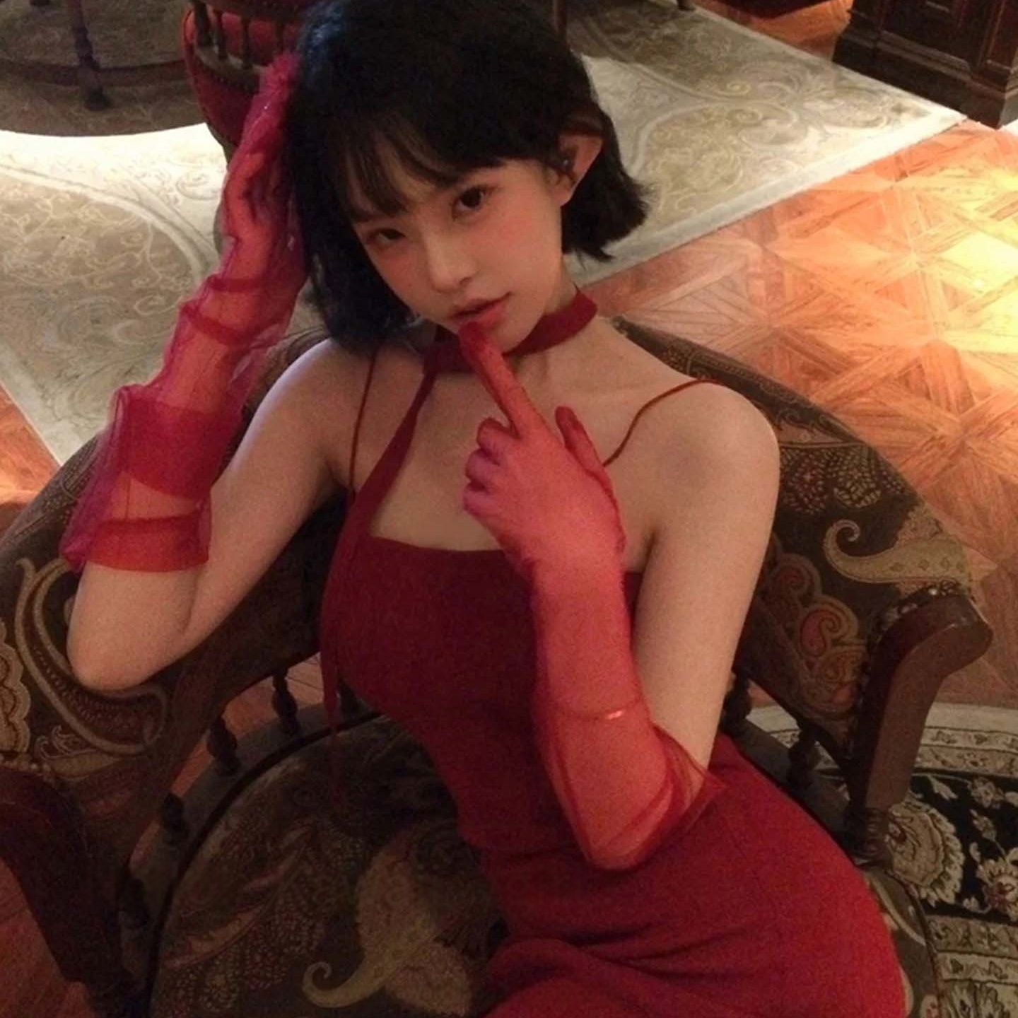 万圣节红色超薄网纱手套女cos装扮道具性感辣妹长款袖套拍照配饰