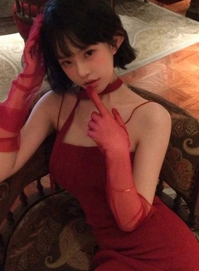 万圣节红色超薄网纱手套女cos装扮道具性感辣妹长款袖套拍照配饰