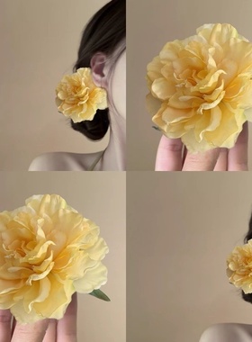 淡黄色牡丹花朵发夹女氛围感头花发卡侧边夹新中式拍照配饰发饰