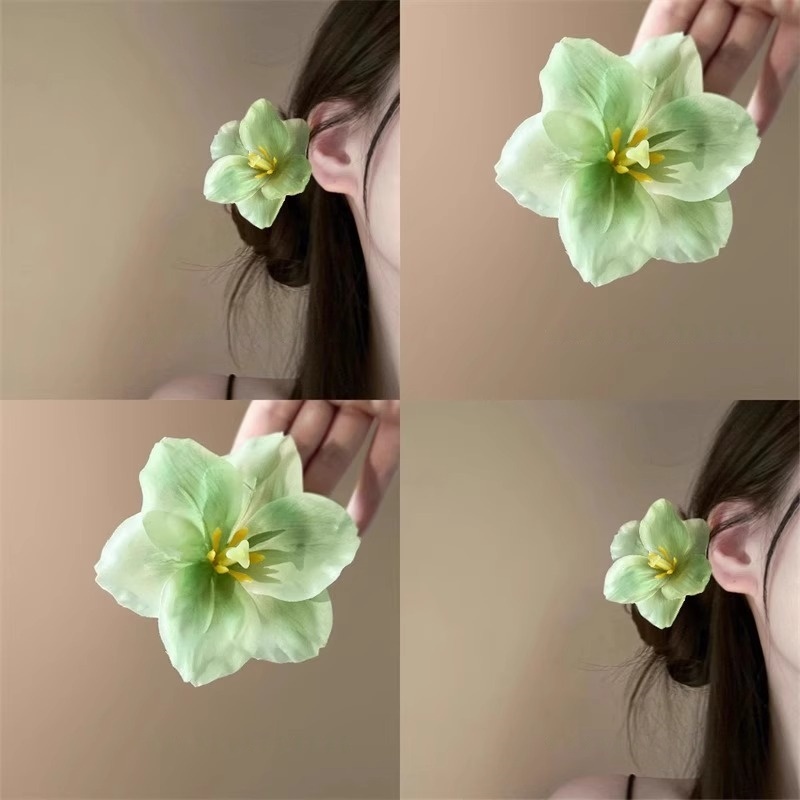 薄荷曼波~绿色花朵发夹女侧边头花发卡仿真花头饰海边拍照发饰