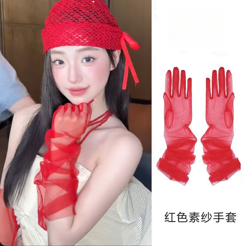 红色网纱蕾丝手套女新娘红纱手袖生日写真拍照袖套角色扮演配饰
