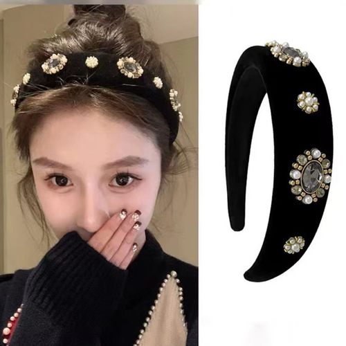超洋气~黑色丝绒水钻发箍女秋冬轻奢复古头箍压发发卡贵气感发饰