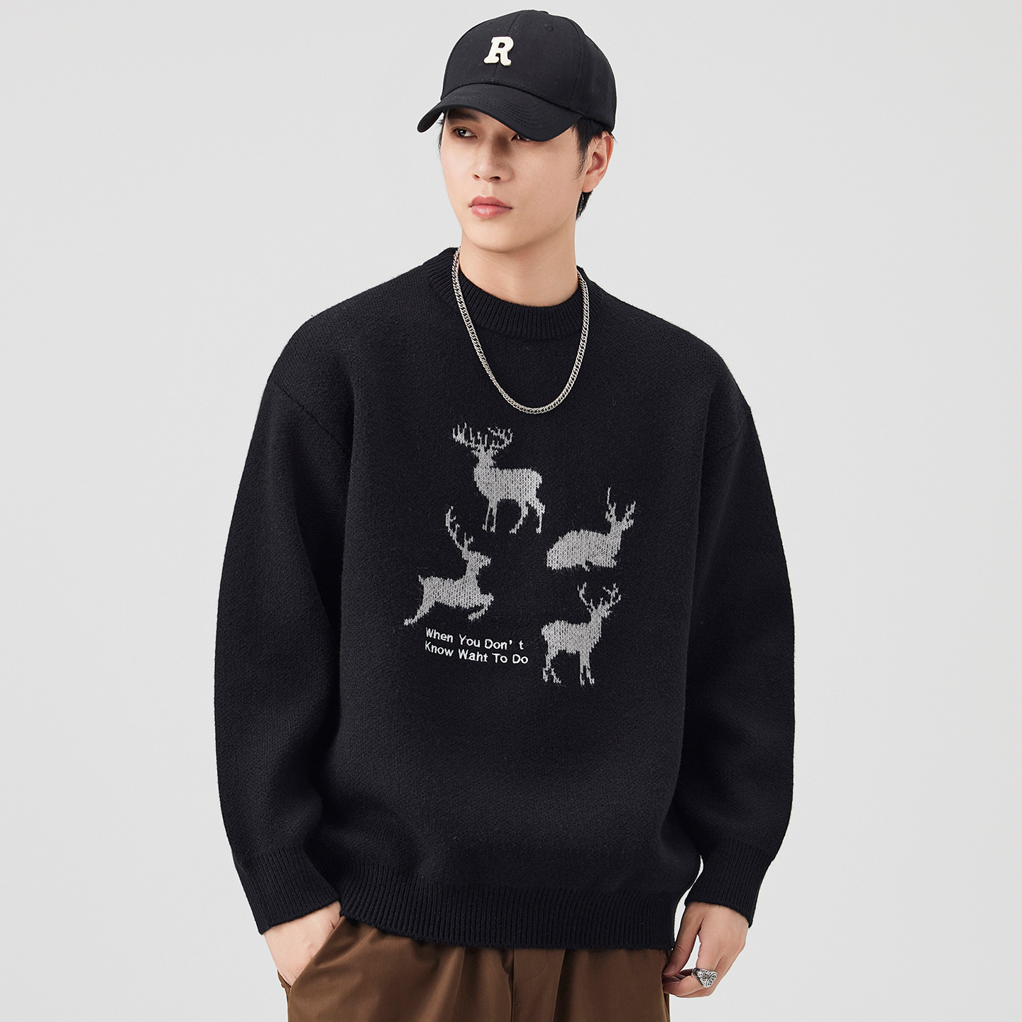 麋鹿印花毛衣男宽松慵懒风