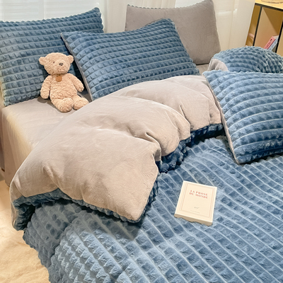 牛奶绒保暖四件套秋冬华夫格单双人宿舍床单被套新款兔兔绒加厚