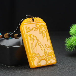 天然新疆和田黄玉山水牌手玩件男士黄龙玉无事平安牌大好河山把件