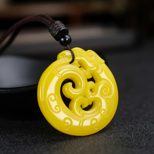 黄龙玉龙形玉佩吊坠男和田玉镂空龙牌仿古龙项链新疆玉生肖龙挂件