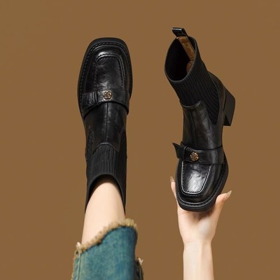 巨好穿软皮鞋2025年新款秋冬季松紧口马丁靴女法式高跟小踝靴短靴