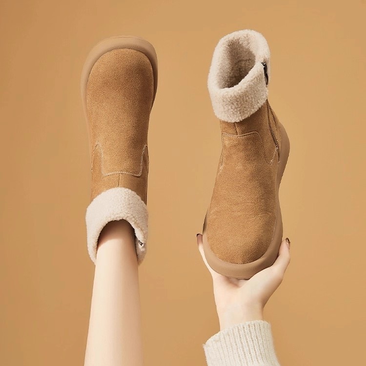 巨好穿加绒保暖磨砂皮雪地靴2025年秋冬季新款短靴女百搭毛毛棉鞋