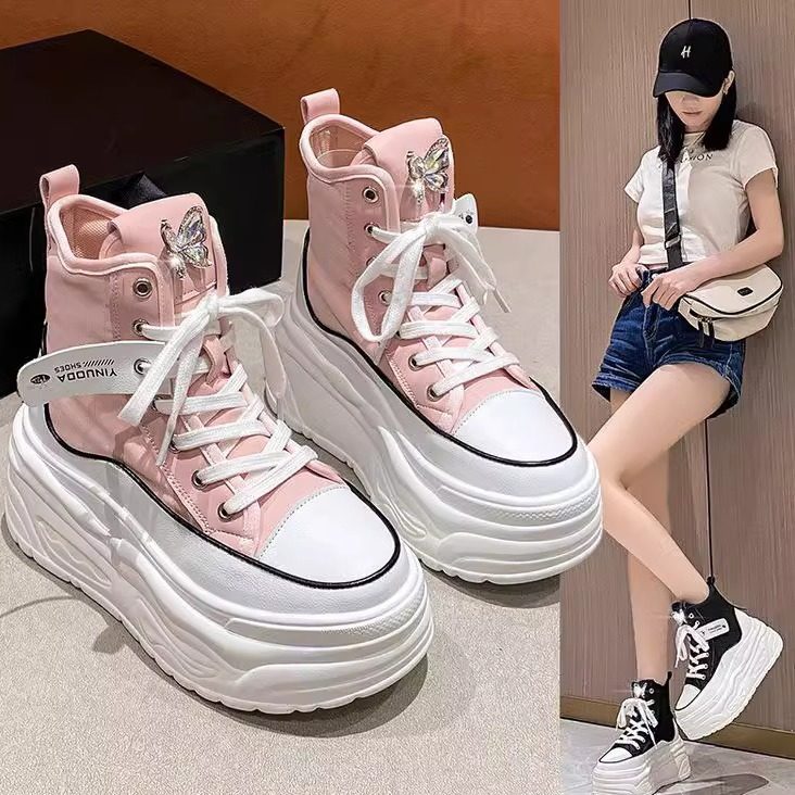 ins~厚底帆布鞋增高百搭小白鞋女
