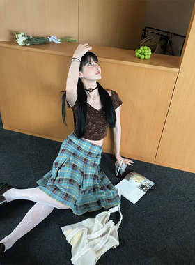 MOWENTI文文婷  法式复古绿色格纹百褶半裙