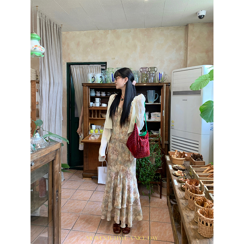 新中式油画碎花吊带连衣裙女夏