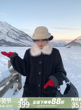 MOWENTI文文婷 黑色毛绒领气质大衣2026年女秋冬保暖气质长款外套