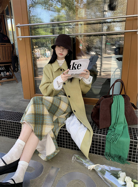 MOWENTI文文婷【10/9 20:00PM】   复古绿色格纹毛呢半身裙女秋季