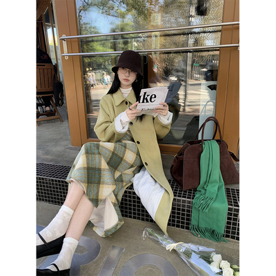 复古绿色格纹毛呢半身裙女秋季