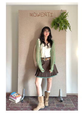 MOWENTI文文婷  咖色内衬小心机半身裙2025年春季女百搭A字百褶裙