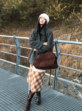 MOWENTI文文婷  复古格纹毛呢半身裙2024冬季高腰A字显瘦短裙