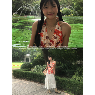 MOWENTI文文婷 显瘦设计内搭上衣秋女 复古V领印花挂脖吊带无袖