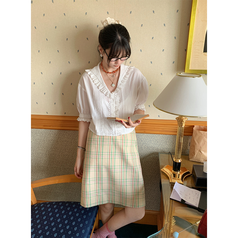 MOWENTI文文婷  条纹海军领设计款纯色衬衫新款气质5分袖上衣女夏