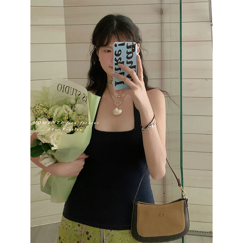 藏青无袖挂脖背心吊带上衣女