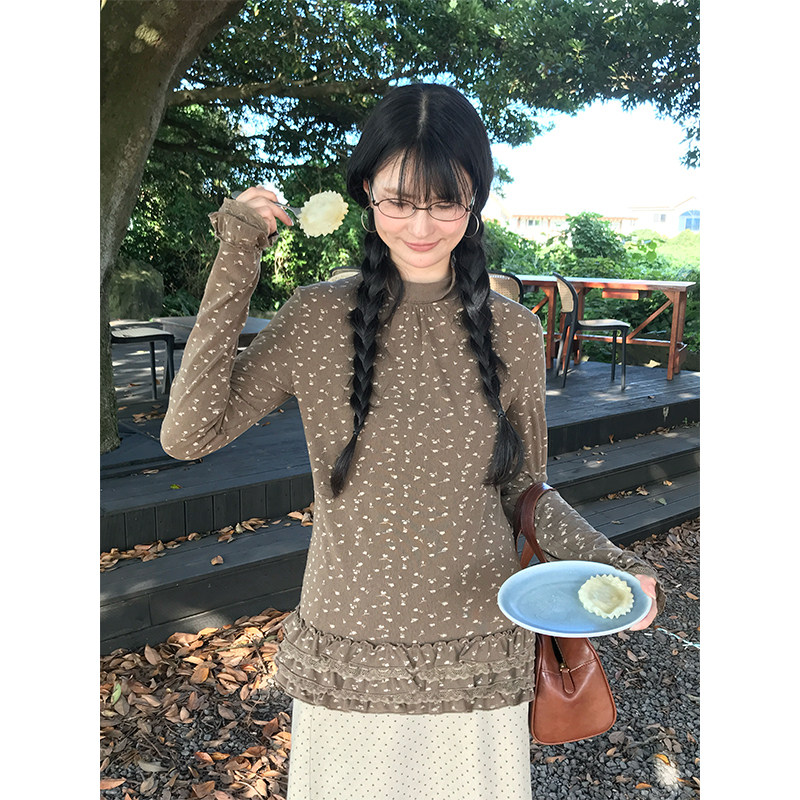 MOWENTI文文婷 木耳边半高领打底衫咖色碎花紫色蕾丝拼接长袖上衣