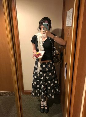 MOWENTI文文婷 小众设计感波点中长裙2025年高腰A字半身裙女夏季